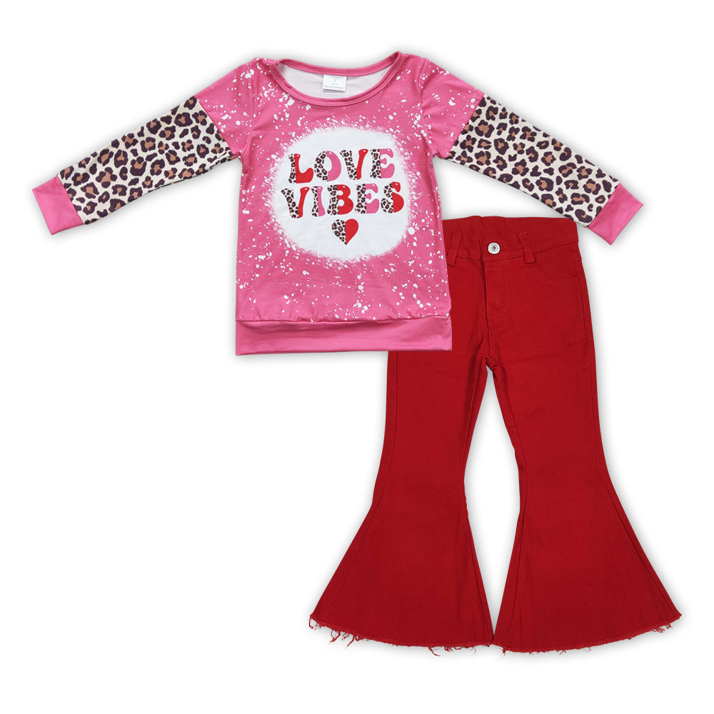 P0083+GT0071 LOVE VIBES Leopard Top Red Denim Bell Jeans Girls Valentine's Clothes Set