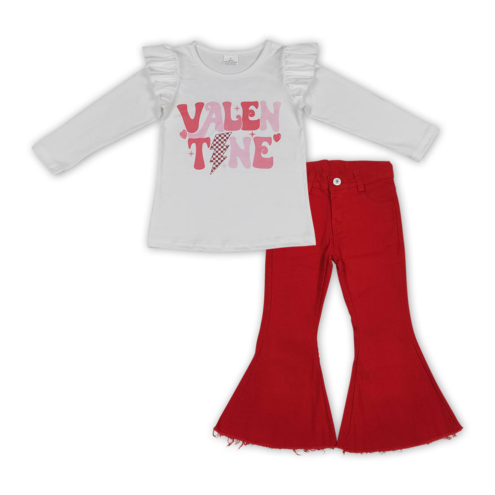 P0083+GT0440 VALENTINE Hearts Top Red Denim Bell Jeans Girls Valentine's Clothes Set