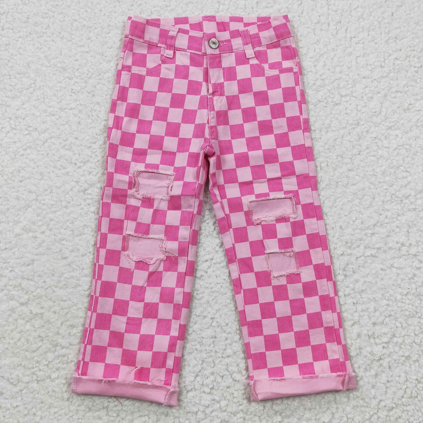 P0096 Kids pink plaid hole denim baby girls jeans