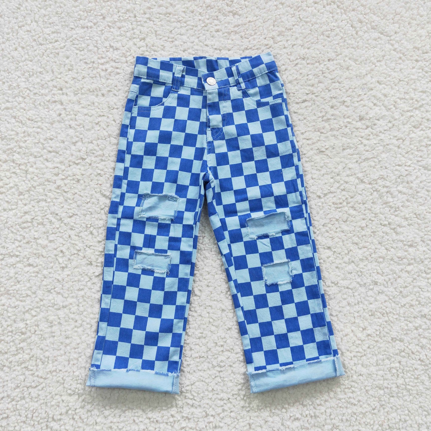 P0097 Kids blue plaid denim hole jeans