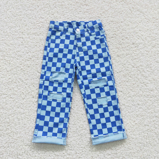 P0097   Kids blue plaid denim hole jeans
