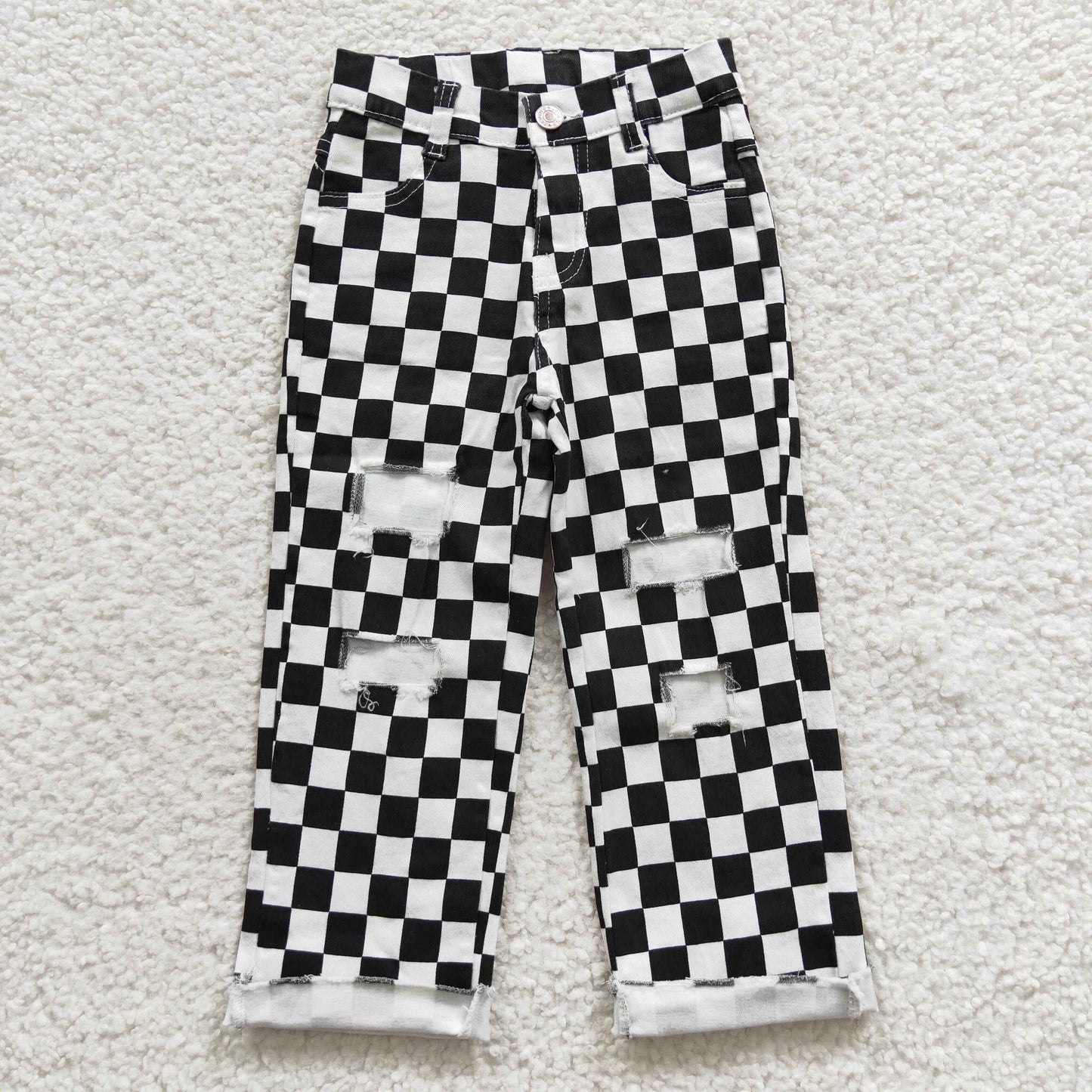 P0122 Black Plaid Denim Kids Hole Jeans