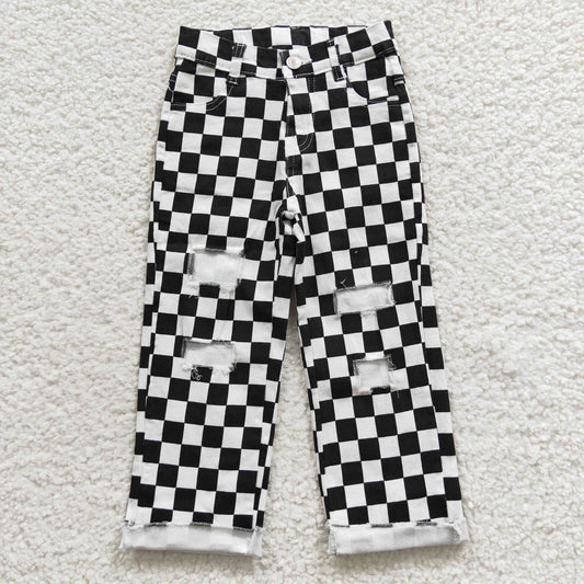 P0122 Black Plaid Denim Kids Hole Jeans