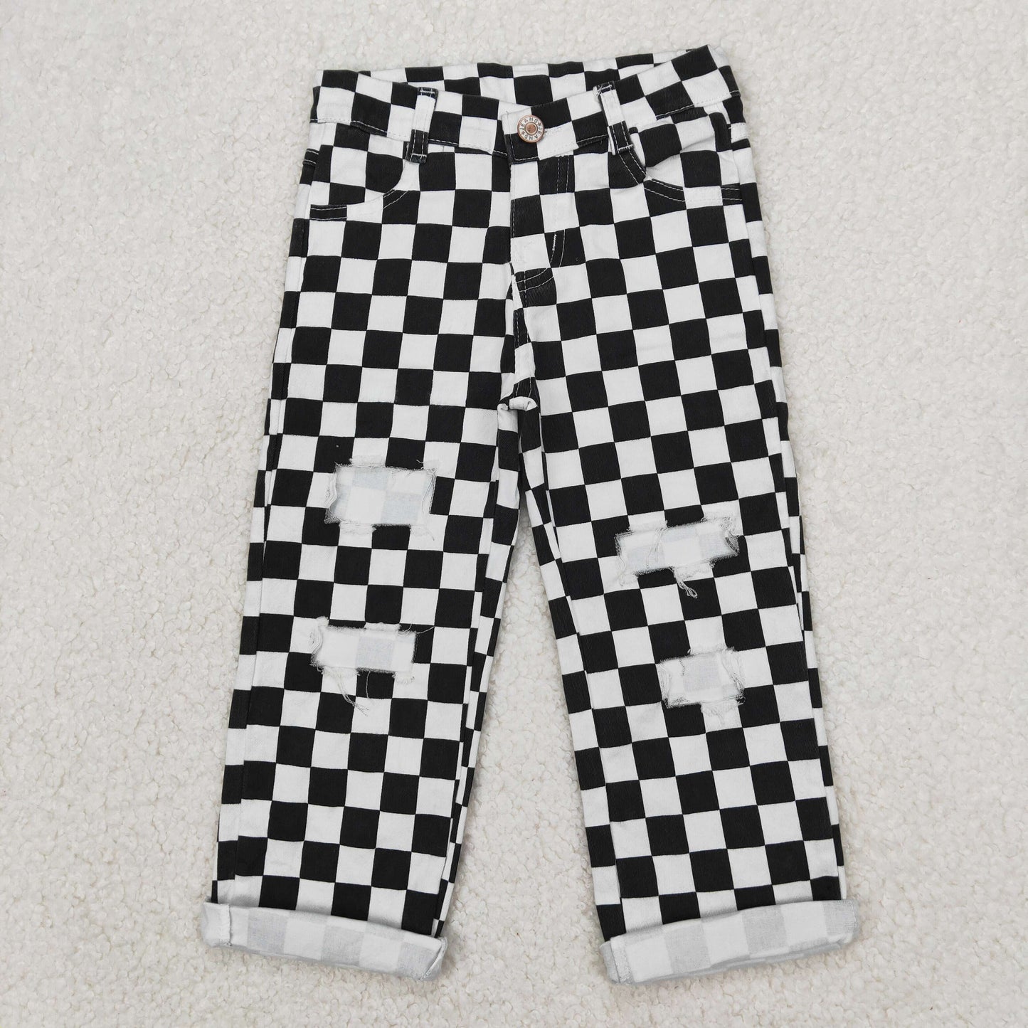 P0122 Black Plaid Denim Kids Hole Jeans