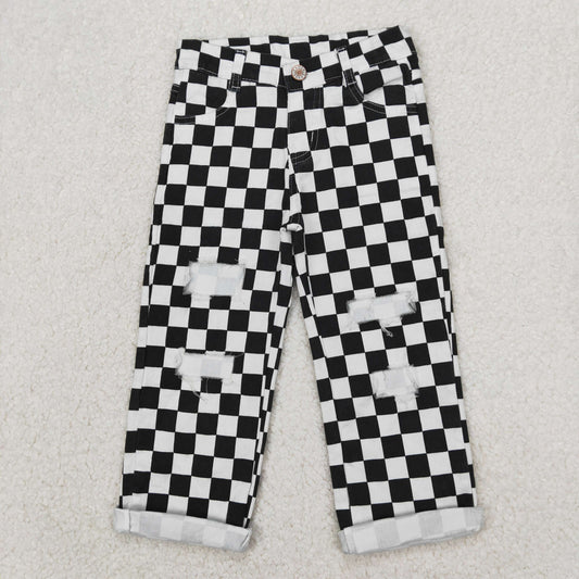 P0122 Black Plaid Denim Kids Hole Jeans
