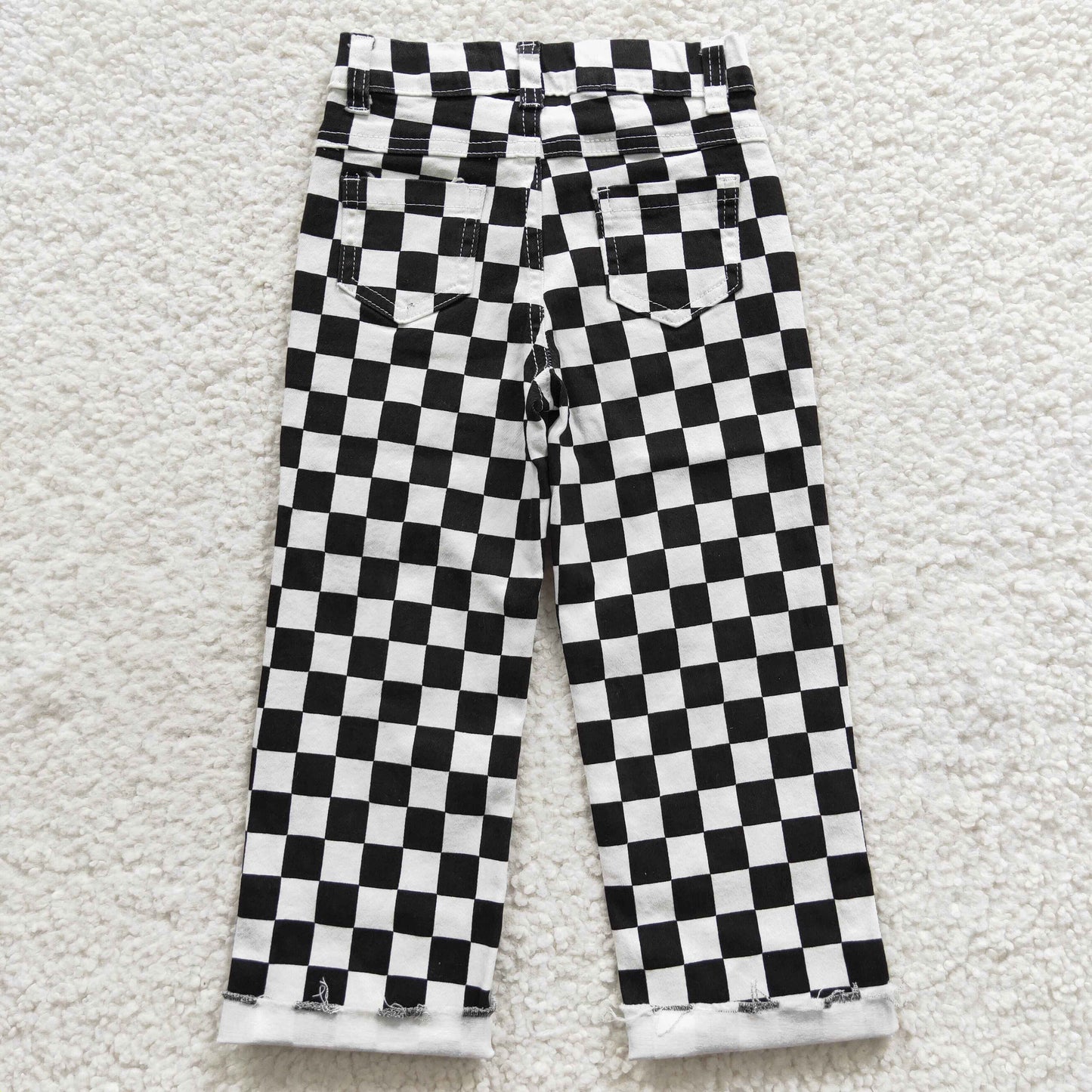 P0122 Black Plaid Denim Kids Hole Jeans