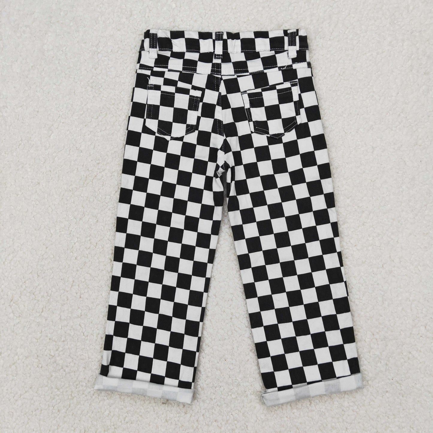 P0122 Black Plaid Denim Kids Hole Jeans