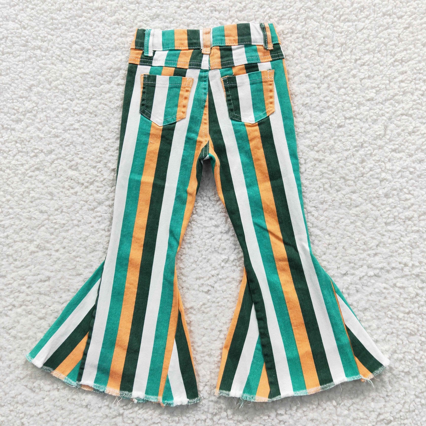 P0131 Girls green stripes denim bell bottom jeans