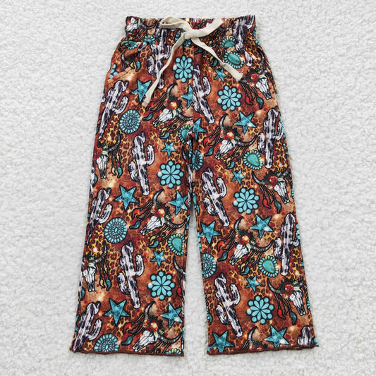 P0139 Turquoise cow skull leopard print western pants