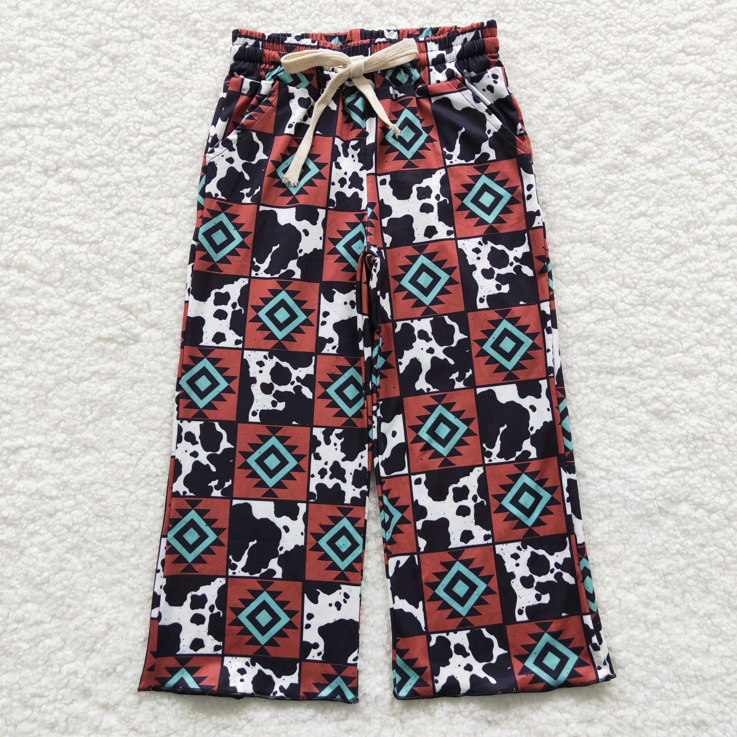 P0140 Aztec and cow gingham print western pants