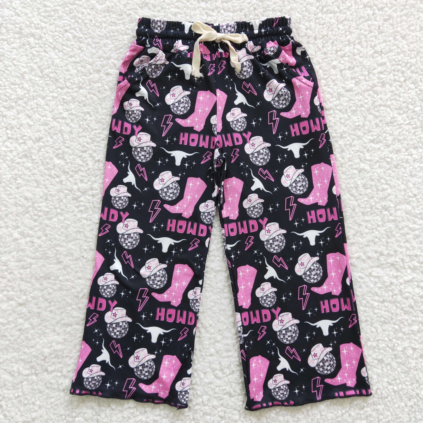 P0143 Hot pink howdy print western black pants