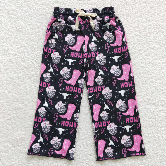P0143  Hot pink howdy print western black pants