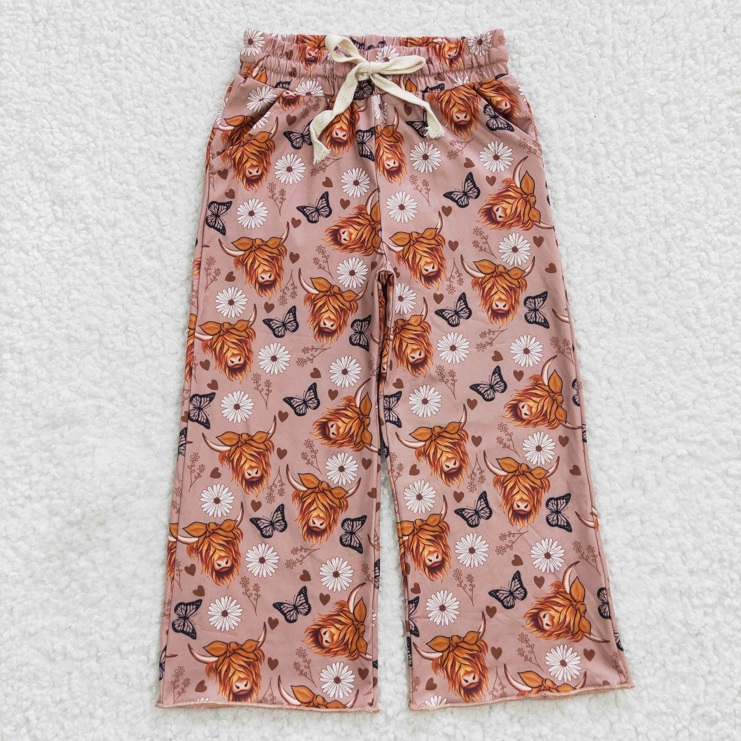 P0144 Highland cow flowers print western pants