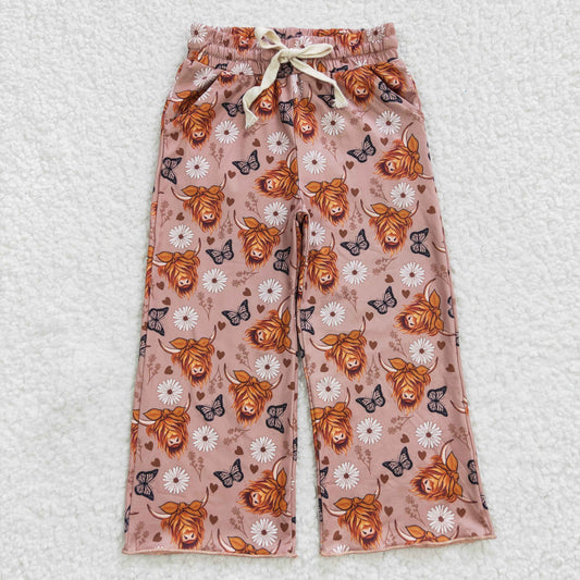 P0144  Highland cow flowers print western pants