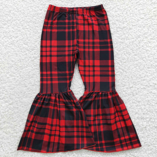 P0150  Girls red and black plaid bell bottom Christmas pants