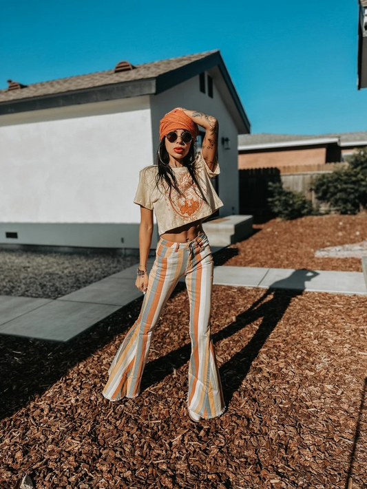 P0153 Adult orange stripes denim bell bottom jeans