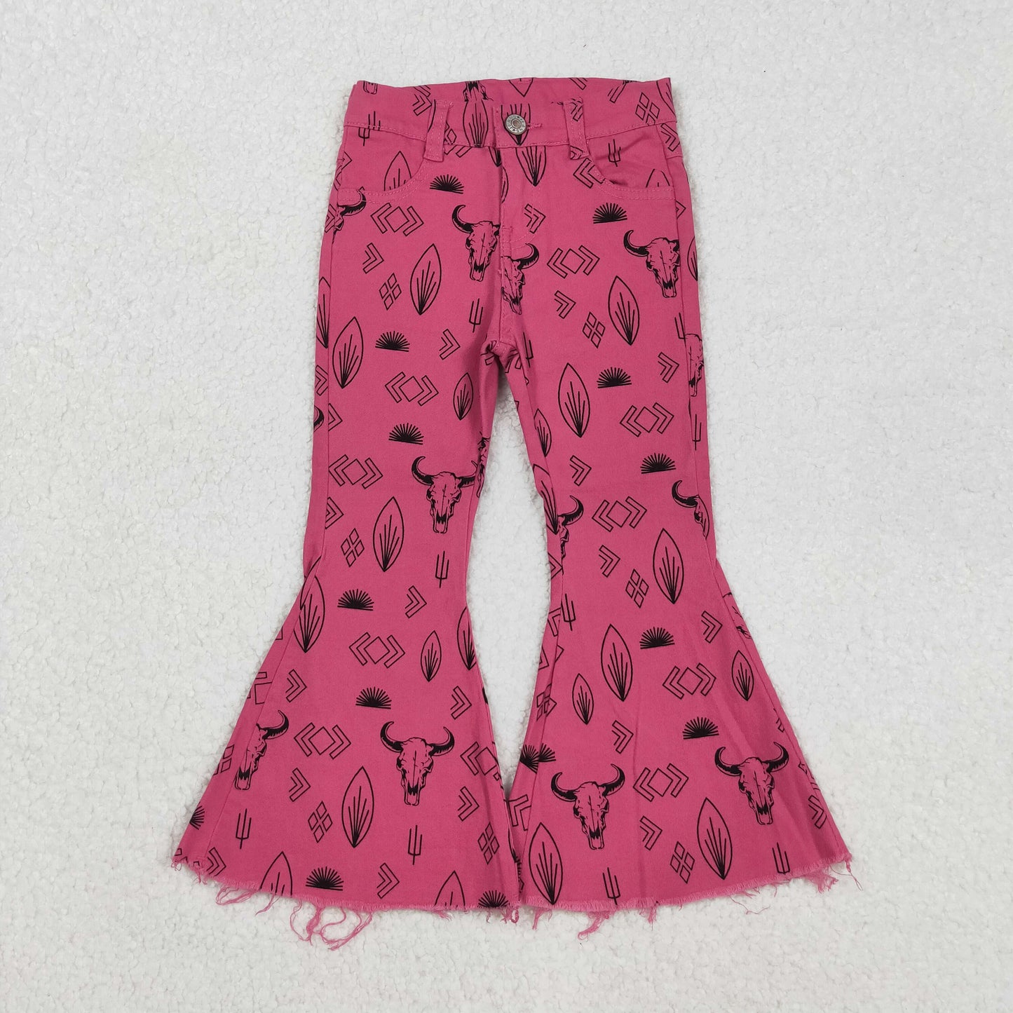 P0159 Hot Pink Cow Skull Denim Bell Bottom Jeans Girls Western Pants