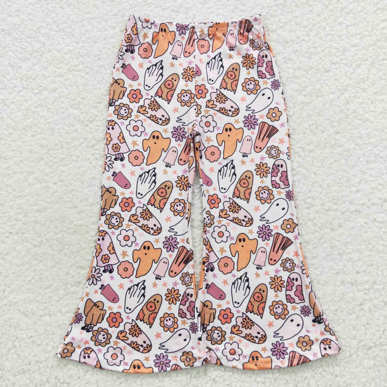 P0201 Orange ghost flowers bell bottom pants