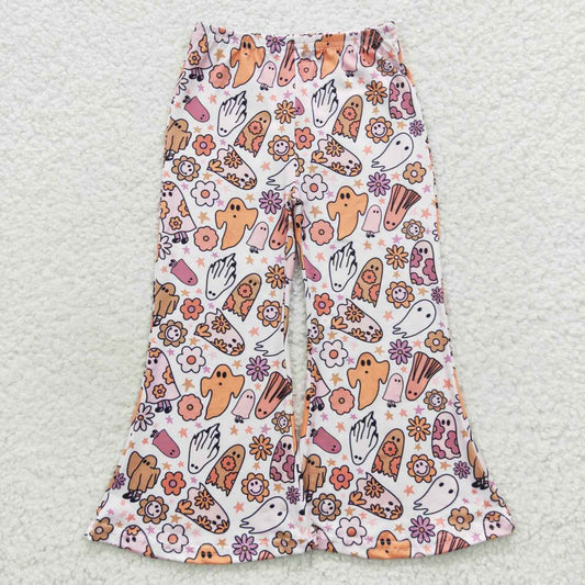 P0201 Orange ghost flowers bell bottom pants