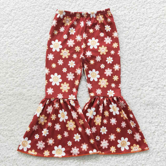 P0206 Brown flowers smiling bell bottom pants