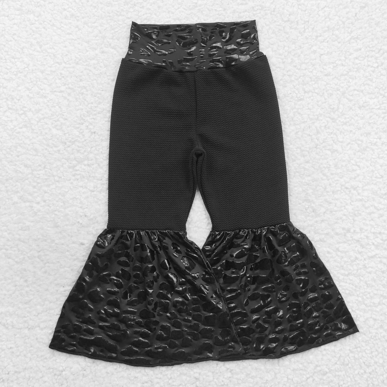 P0221 Girls black leopard pleather bell bottom ruffle pants