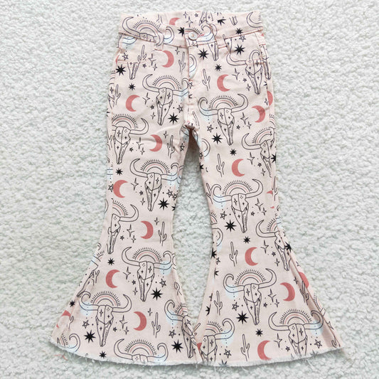 P0226   Girls pink cow skull denim western bell bottom jeans
