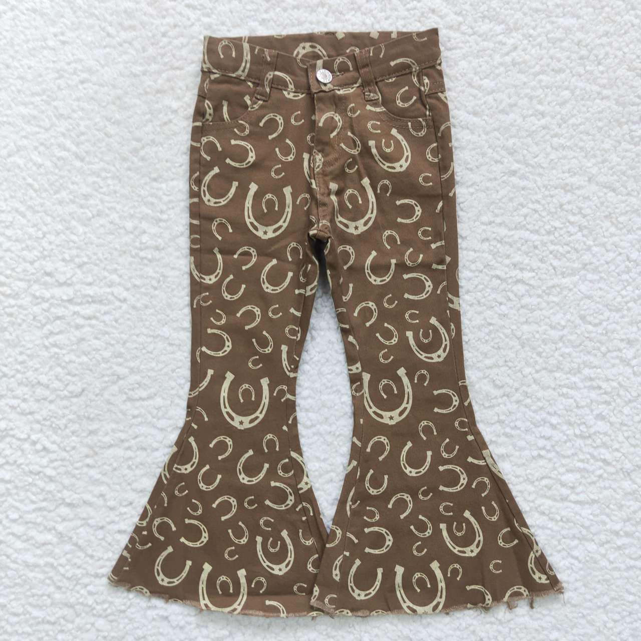 P0227 Girls brown horseshoe print denim western bell bottom jeans