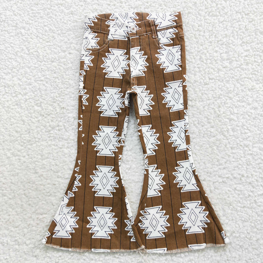 P0228   Girls brown aztec print denim western bell bottom jeans