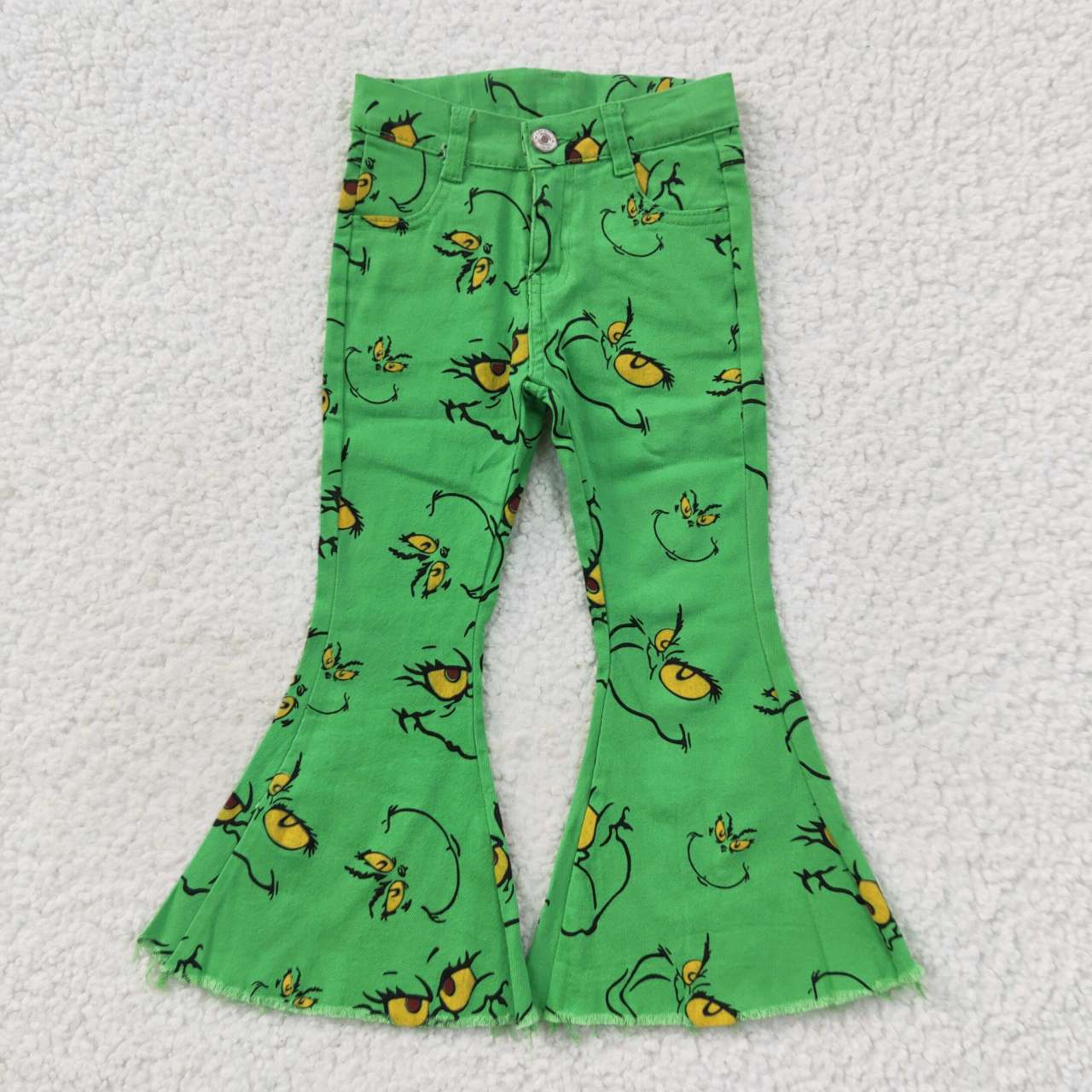 P0230 Girls green Christmas frog print denim bell bottom jeans Christmas pants