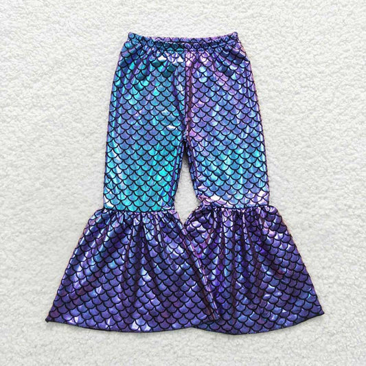 P0248 Girls blue mermaid scale holographic spandex bell bottom pants