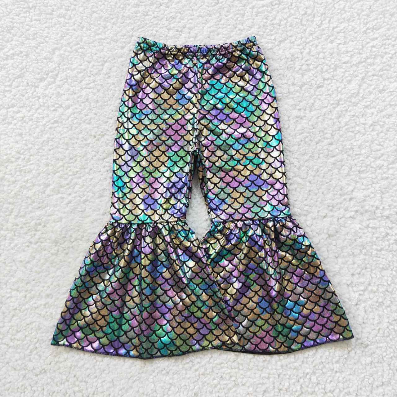 5 Colors Mermaid Scale Holographic Spandex Bell Bottom Pants Sisters Wear
