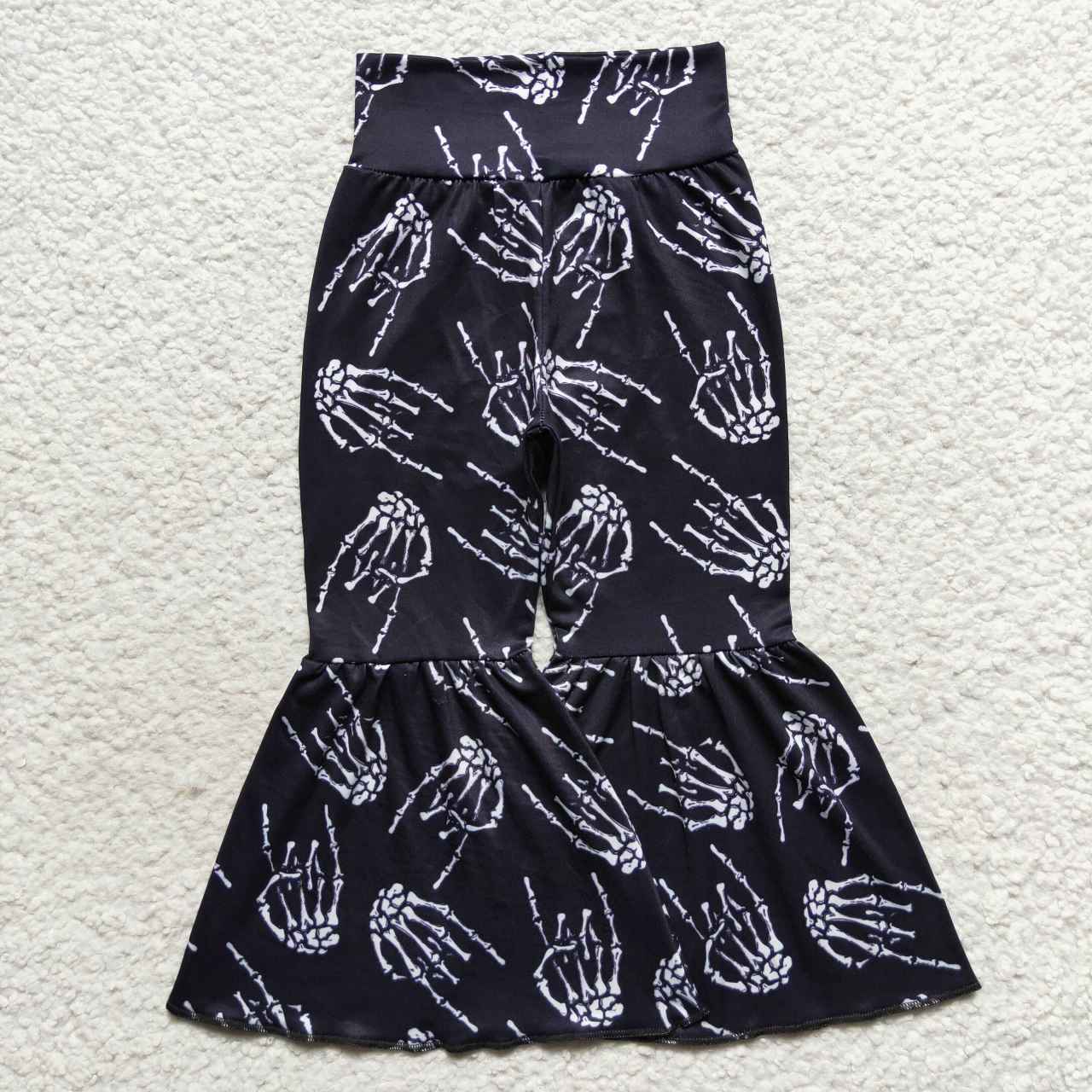 P0259 Girls black bones print Halloween bell bottom pants