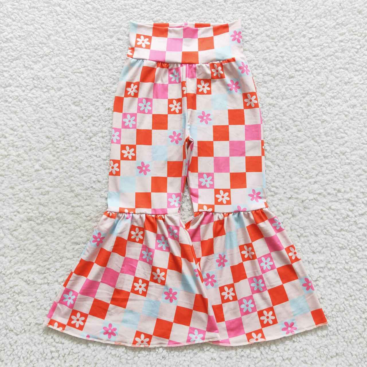 P0263 Girls flowers plaid print bell bottom pants