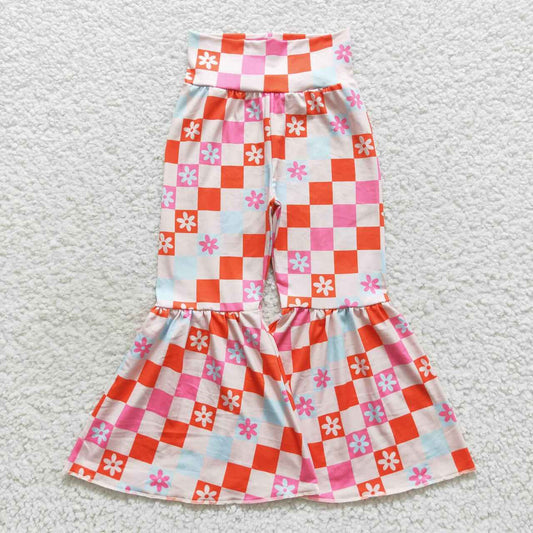 P0263 Girls flowers plaid print bell bottom pants