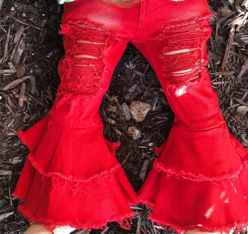 P0270 Red denim hole bell bottom jeans