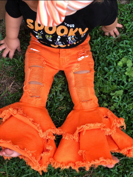 P0271 Orange denim hole bell bottom jeans