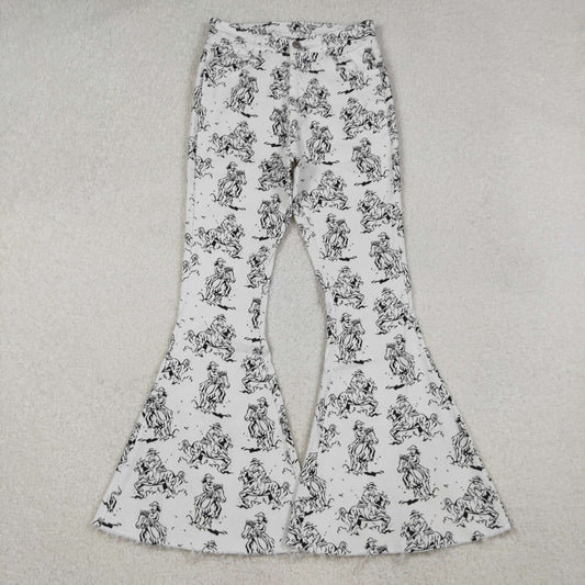 P0296 Adult Cowboy White Print Denim Woman Bell Bottom Western Jeans