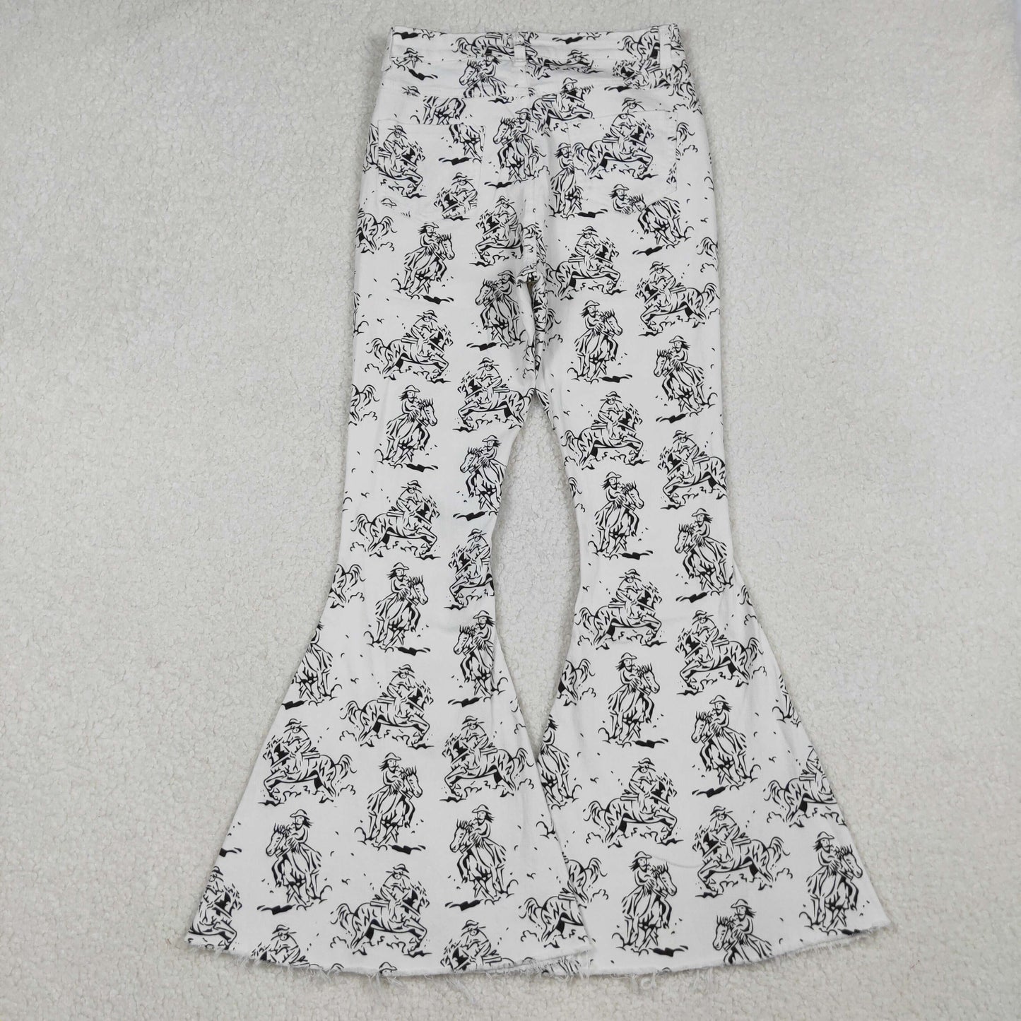 P0296 Adult Cowboy White Print Denim Woman Bell Bottom Western Jeans