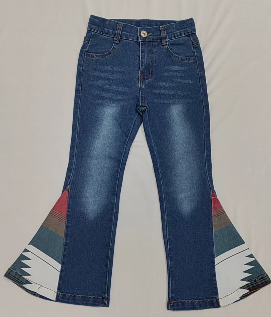 (Pre-order) P0303 Blue denim aztec print ruffle girls bell bottom jeans western pants