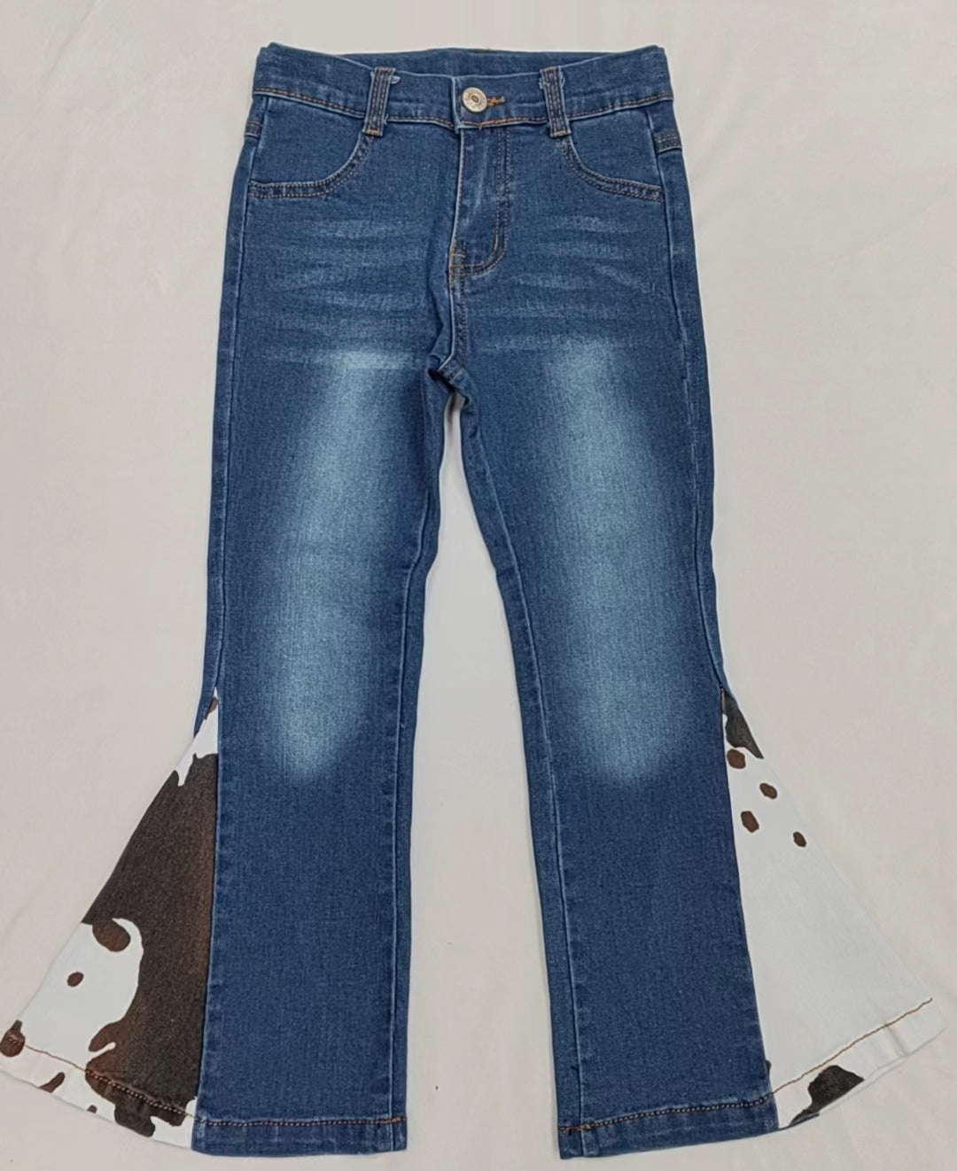 (Pre-order) P0305 Blue denim brown cow print ruffle girls bell bottom jeans western pants