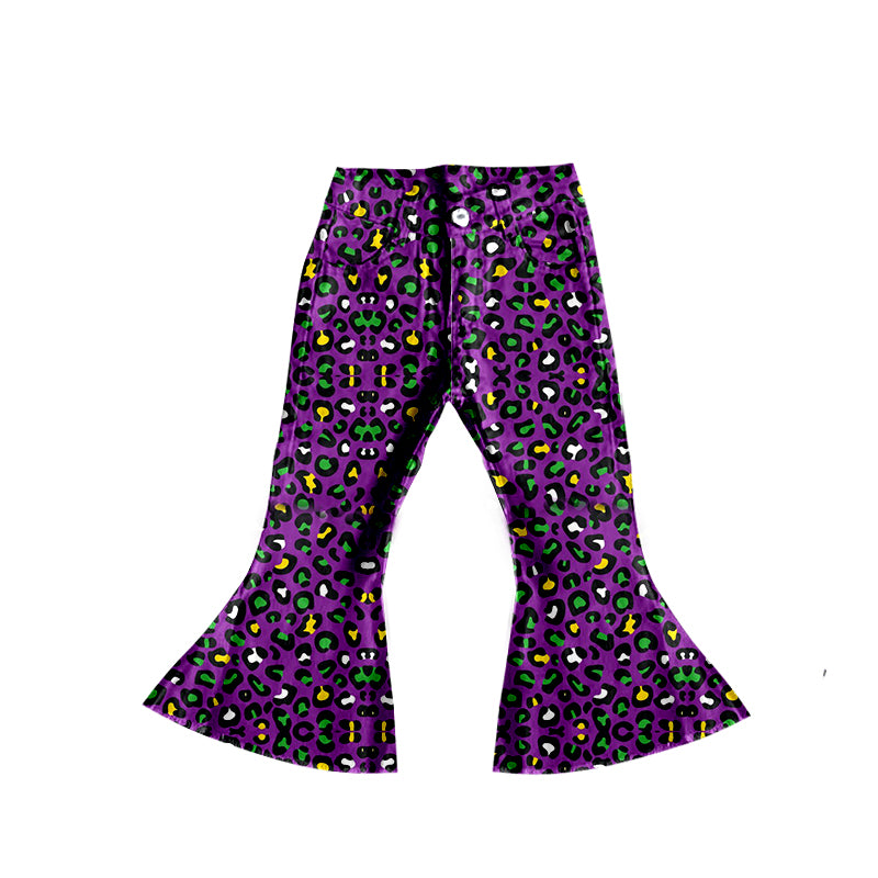 P0313 Purple Leopard Denim Girls Bell Bottom Jeans Mardi Gras Pants