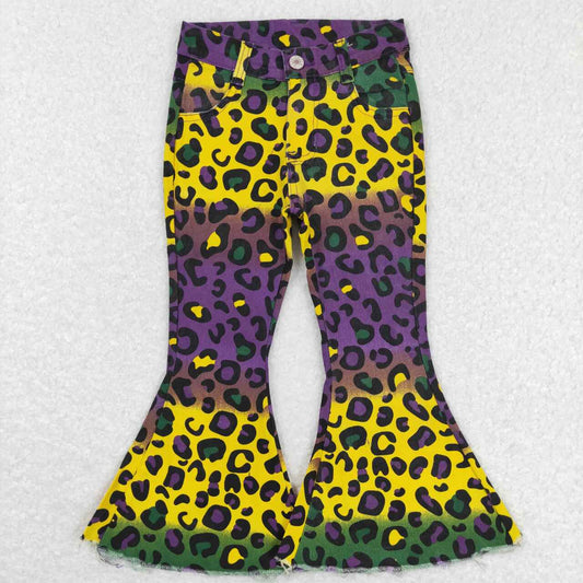 P0314 Colorful Leopard Denim Girls Bell Bottom Jeans Mardi Gras Pants
