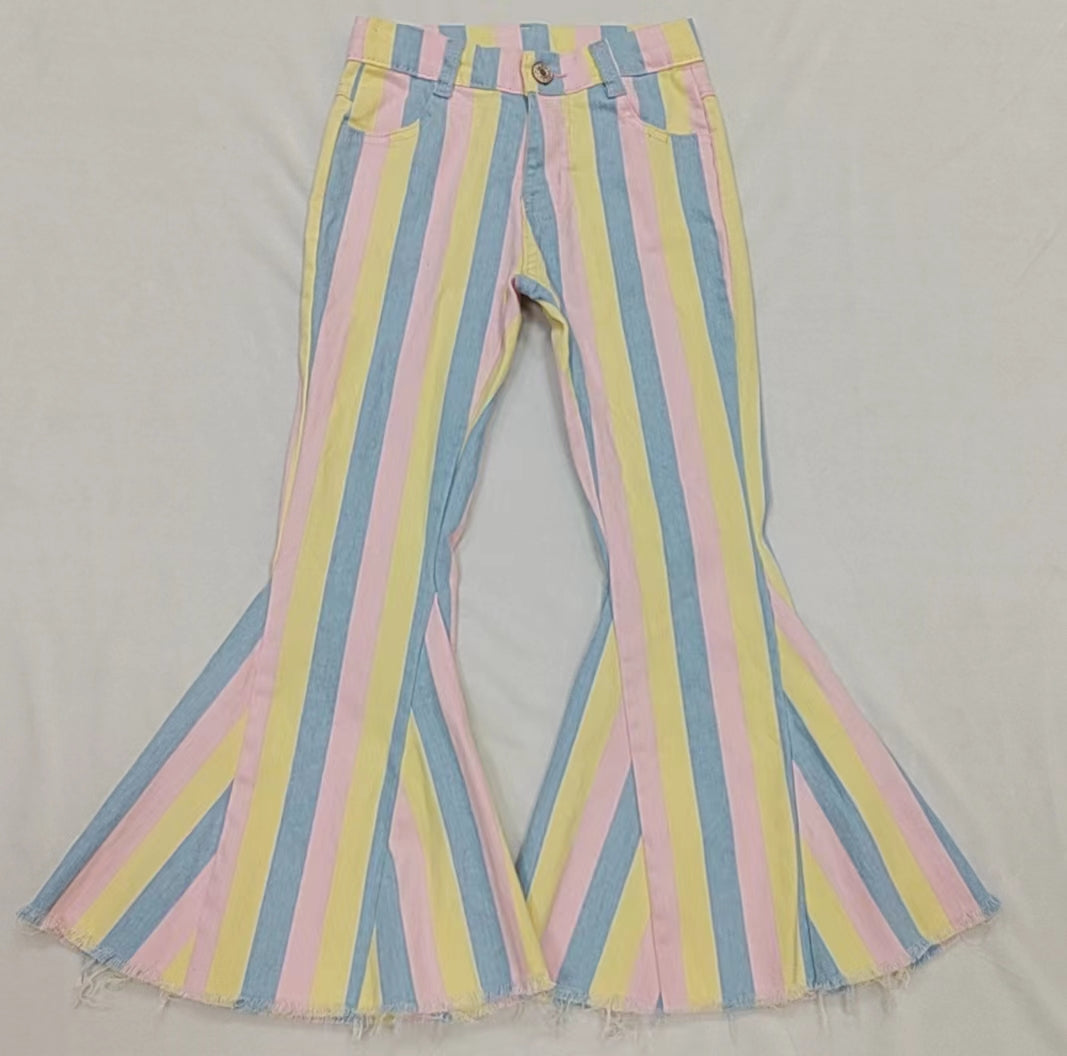 (Pre-order) P0336 Pink yellow blue stripes denim girls bell bottom jeans pants
