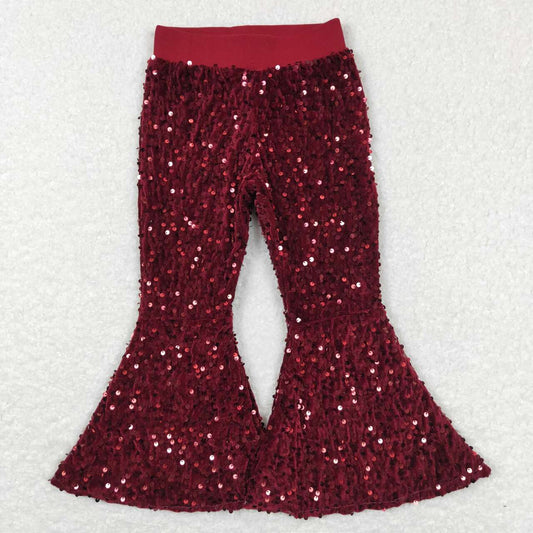 P0338 Girls Maroon Sequin Bell Bottom Pants