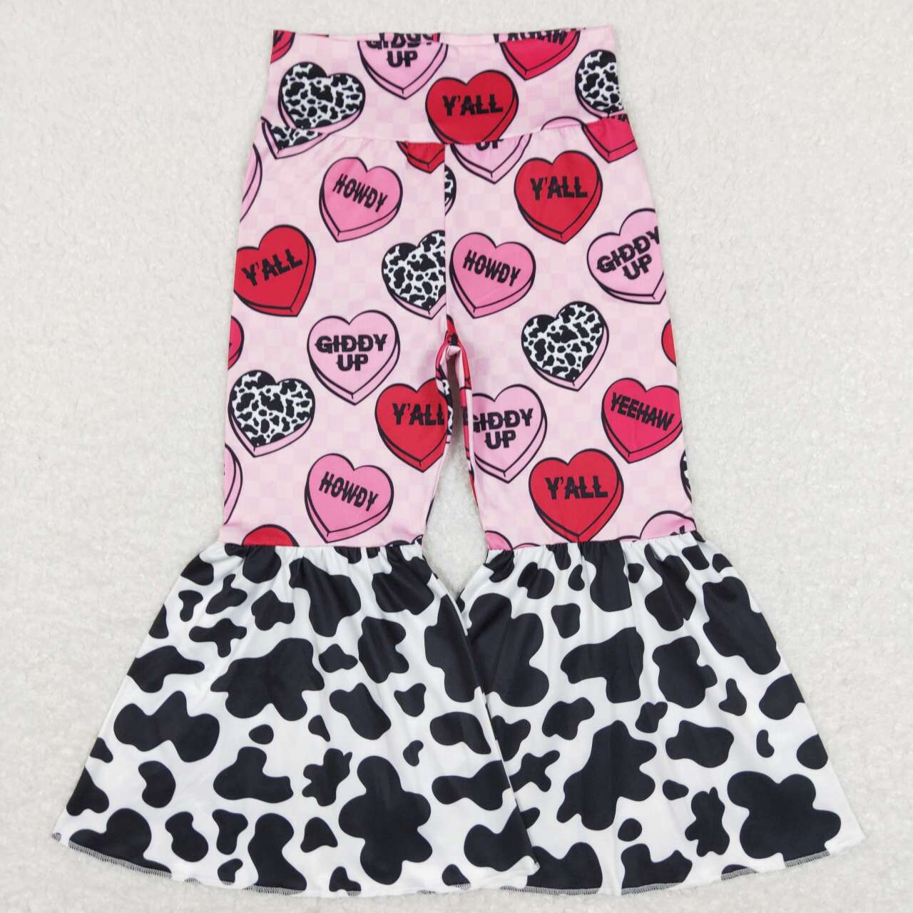 GLP1150 Red Velvet Romper Top Howdy Heart Bell Pants Girls Valentine's Clothes Set