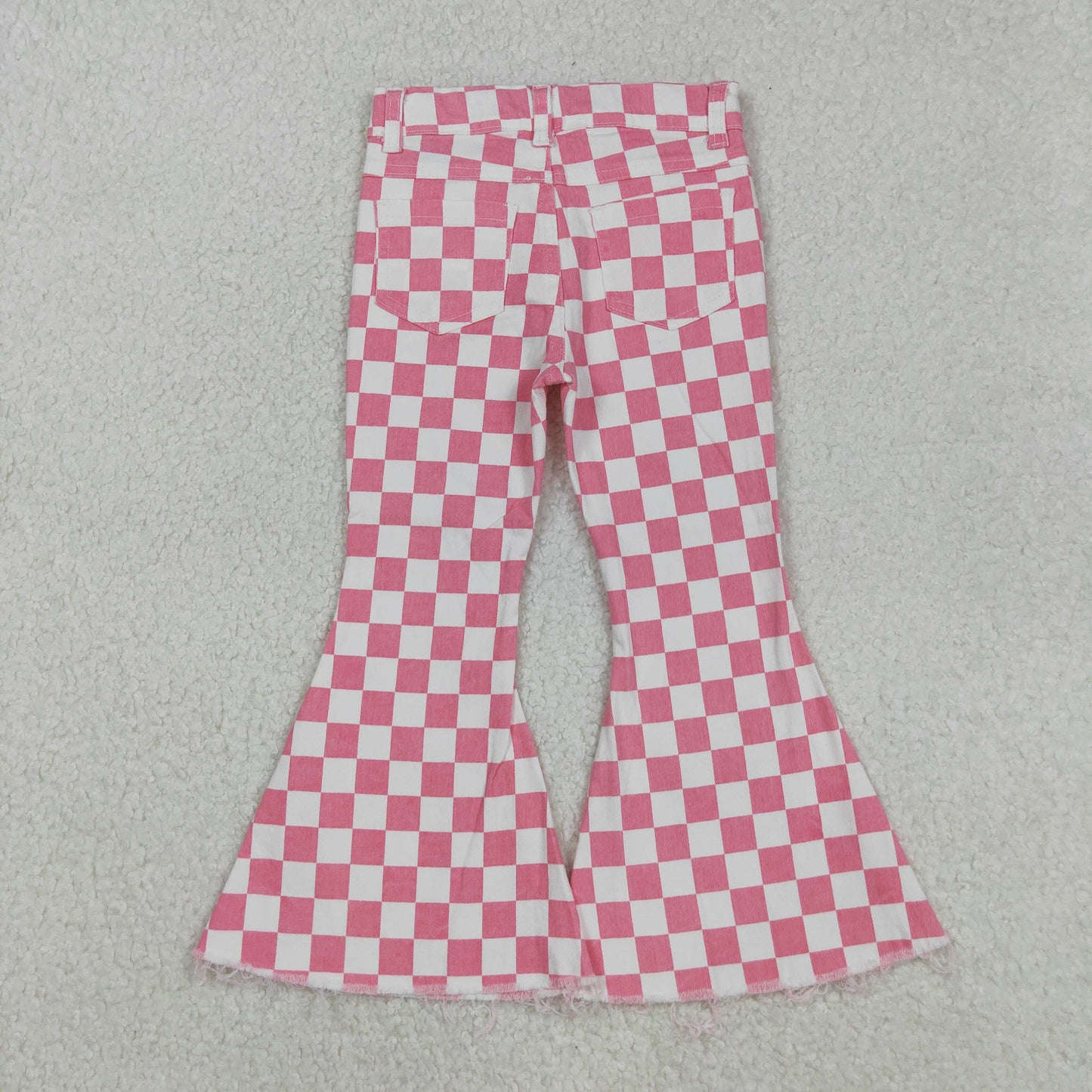 P0348 Pink Plaid Denim Bell Bottom Jeans Girls Pants