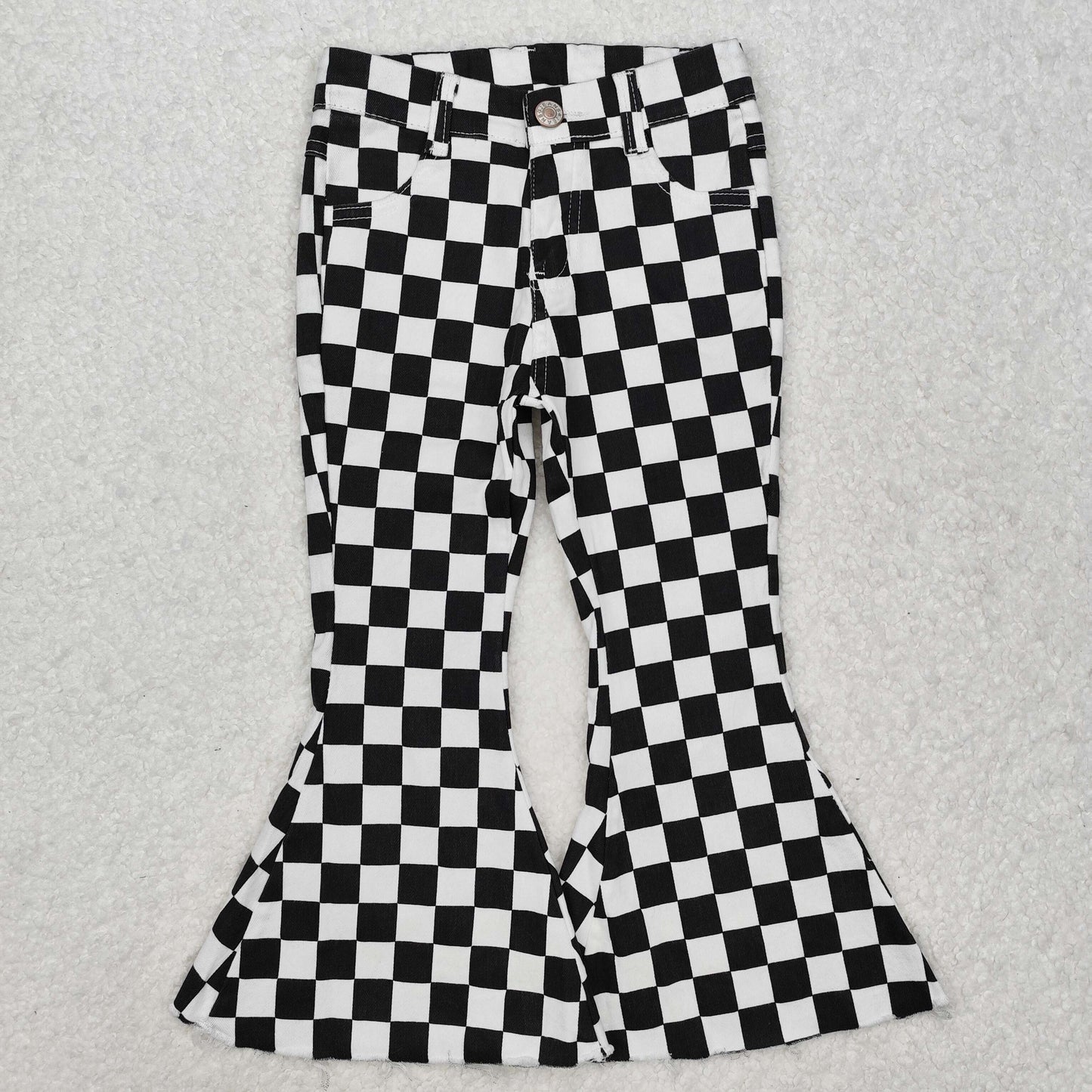 P0349 Black Plaid Denim Bell Bottom Jeans Girls Pants