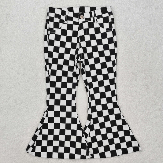 P0349 Black Plaid Denim Bell Bottom Jeans Girls Pants