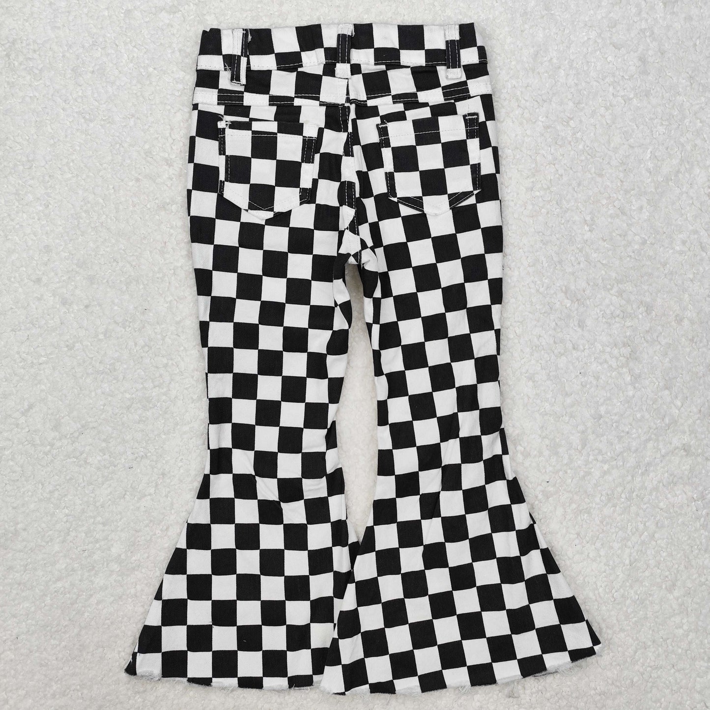 P0349 Black Plaid Denim Bell Bottom Jeans Girls Pants