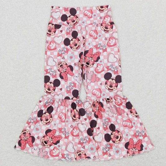 P0366 Pink Heart Cartoon Mouse Print Valentine's Bell Bottom Pants